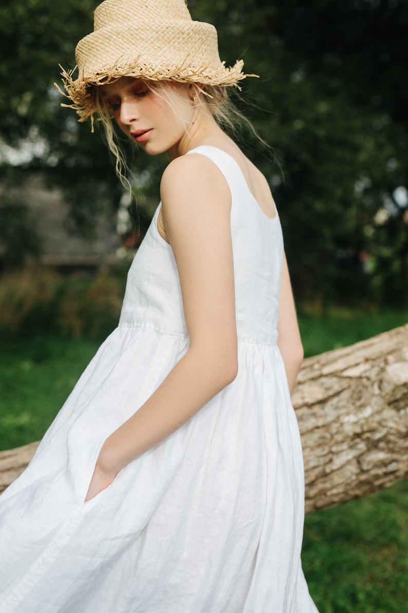NINA Smock Linen Dress White Linen Maxi Dress Linen Sundress | Etsy