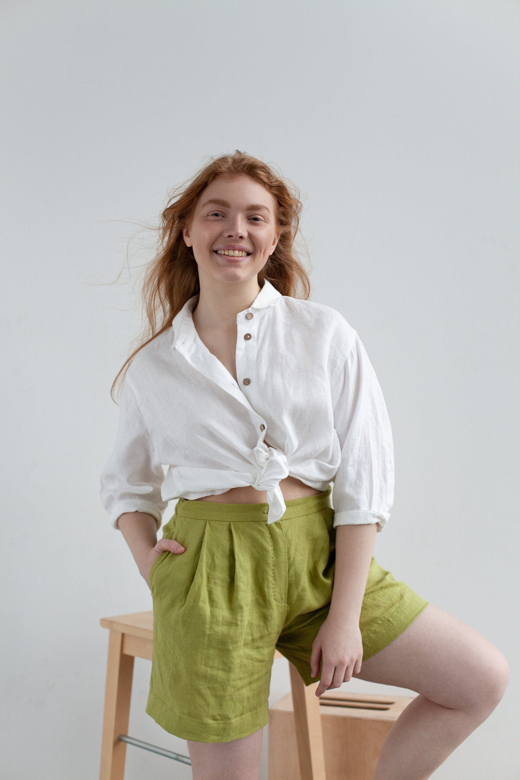 Chartreuse Green LINEN SHORTS High 