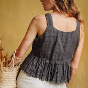 Linen Crop Top SUZY, Ruffle Blouse for Summer, Sleeveless Linen Tank Top