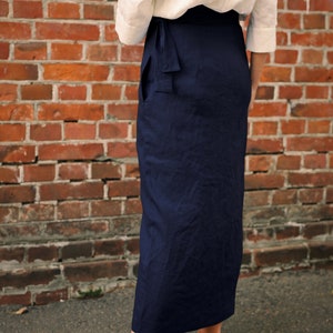 High Waisted Pencil Skirt, Wrap Linen Skirt With Pockets, Long Navy ...