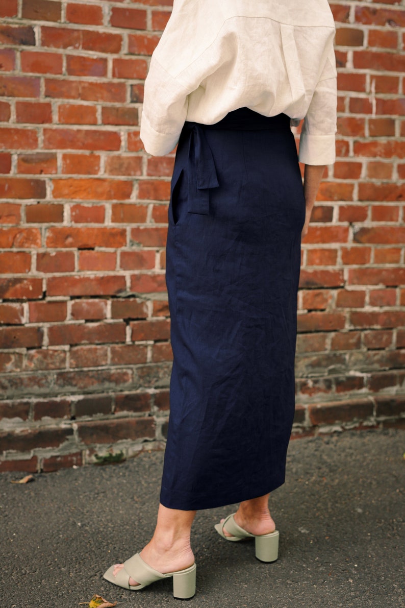 High Waisted Pencil Skirt, Wrap Linen Skirt with Pockets, Long Navy Skirt, Maxi Skirt Plus Size image 10