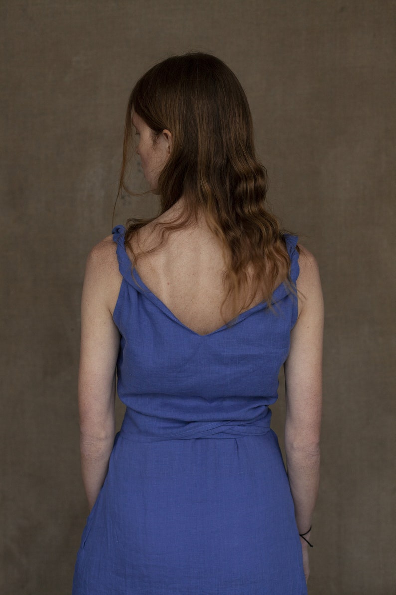 Linen dress with twisted straps, Linen Dress with sash and pockets image 3