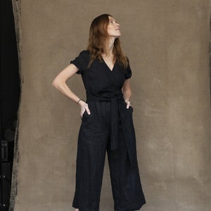 LINEN JUMPSUIT with belt, Wrap Linen Jumpsuit, Wide Leg Linen Jumpsuit image 1