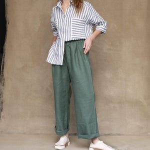 Ready to Ship Linen Pants, Wide Leg Elastic Waist Pants with Pockets, High Waist Loose Fit Pants, Casual Summer Travel Outfit