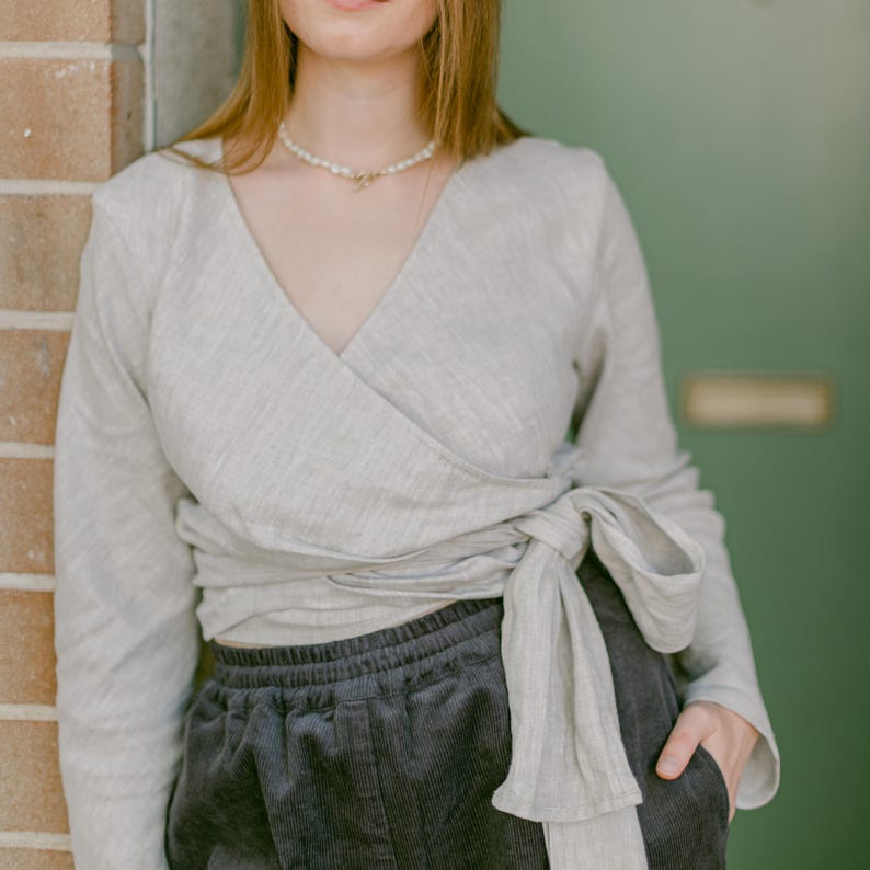 Linen Wrap Top for Women, Adjustable Tie Blouse, Long Sleeve Vneck