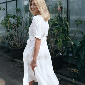 White Linen Wrap Dress, Ready to Ship Boho Summer Dress, Wedding Guest Dress with Sleeves, Minimalist Garden Party Dress