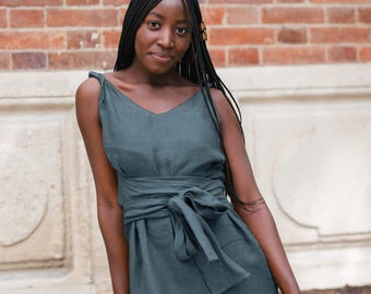 Linen Dress with Belt, Summer Travel Outfit, Vacation Midi Dress for Women, Casual Linen Clothing, Ready to Ship