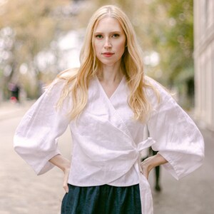Romantic Linen Wrap Top for Women, Balloon Sleeve Blouse, Parisian Style Summer Outfit