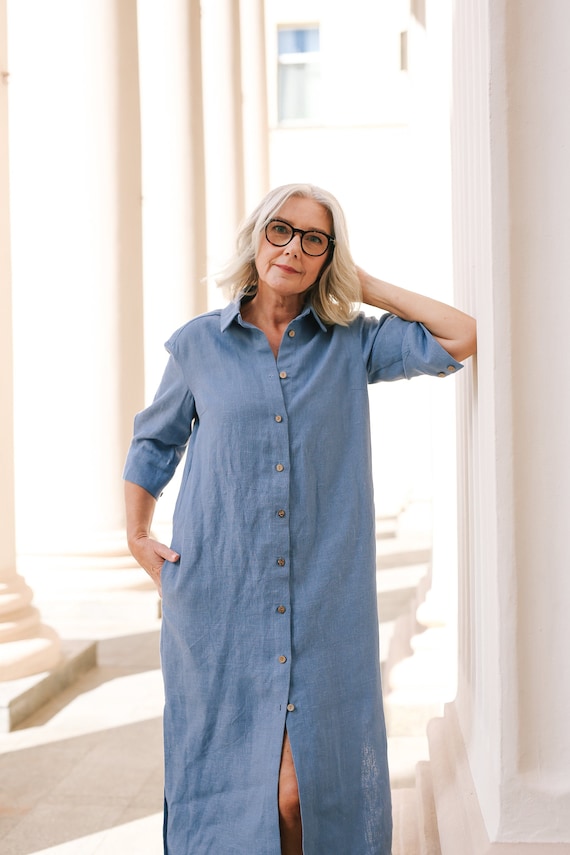 Linen Midi Shirt Dress With Pockets LILY Long Linen Button up Shirt Dress Etsy