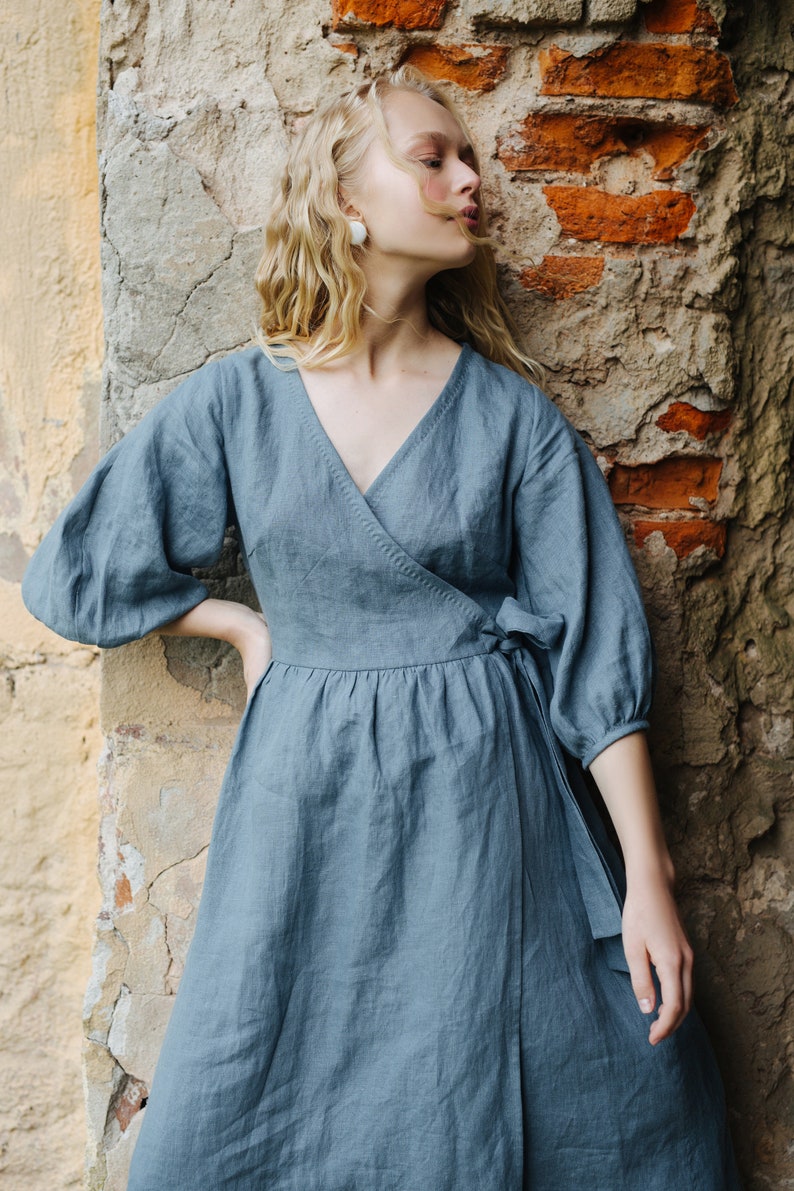 Linen Wrap Dress ERENA, Ruffle Linen Dress with Pockets, Balloon Sleeves Dress image 1