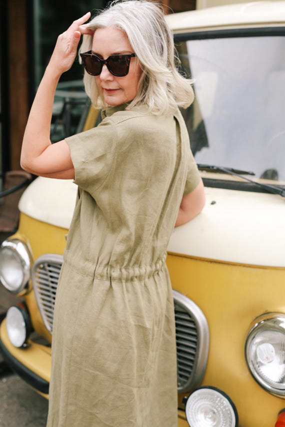 Military Style Midi Linen Shirt Dress Size XL, Linen Dress with Patch Pockets, Drawstring Casual Linen Dress Military Style Midi Linen Shirt Dress Size XL, Linen Dress with Patch Pockets, Drawstring Casual Linen Dress