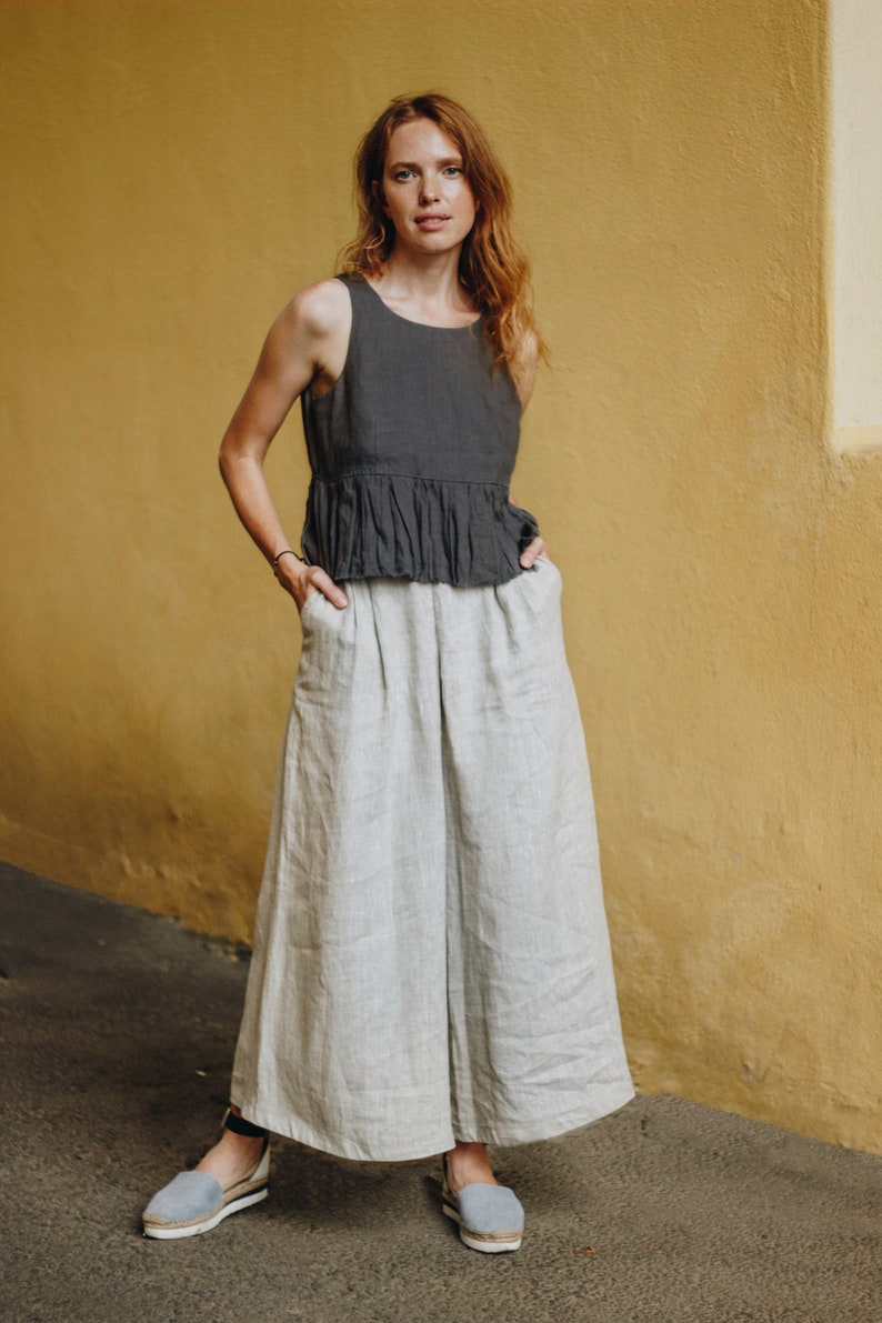 LINEN CULOTTES MARISA, Wide Leg Pants with Pockets, High Waisted Pants, Plus Size Linen Trousers, image 3
