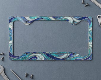 Stained Glass Ocean Waves Metal License Plate Frame | Blue Teal Beachy Car Accessory | Artistic Nautical Sea Lover Gift