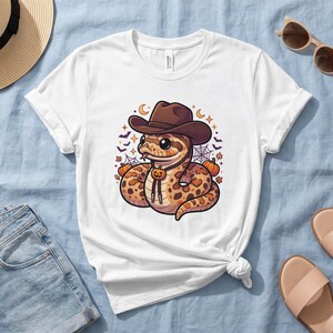 Cowboy Snake Halloween T-Shirt, Cute Spooky Western Reptile Tee, Fall Ball Python Graphic Shirt, Spooky Season Animal Lover Gift For Her