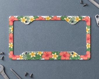 Vibrant Tropical Hibiscus Plumeria Flower Metal License Plate Frame | Hawaiian Floral Car Tag Cover | Summer Beach Vibe Auto Accessory Gift