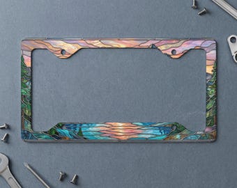 Stained Glass Mountain Sunset Metal License Plate Frame | Nature Lover Car Accessory, Outdoor Vibe Gift