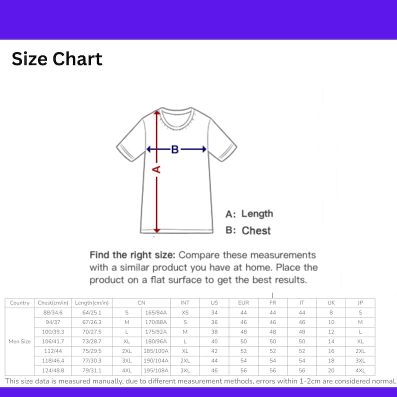 Puede incluir: Tabla de tallas para una camiseta con medidas en pulgadas y cent&iacute;metros. La tabla muestra las medidas de pecho y longitud para diferentes tallas, incluyendo XS, S, M, L, XL, 2XL, 3XL y 4XL.