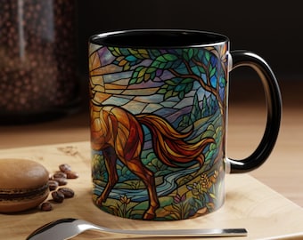 Stained Glass Horse Coffee Mug, Equestrian Lover Gift, Nature Inspired Sunburst Horse Art, Rustic Farmhouse Design Mugs & Glassware