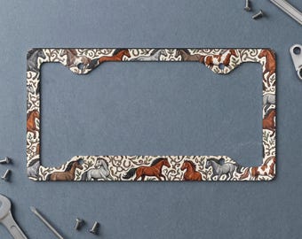 Running Horses License Plate Frame, Equestrian Car Tag Cover, Rustic Horse Lover Gift, Vintage Farm Auto Accessory for Truck & Car