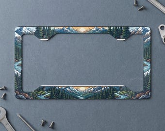 Outdoor Mountain River Landscape License Plate Frame, Pine Forest Car Tag Cover, Scenic Wanderlust Nature Lover Gift