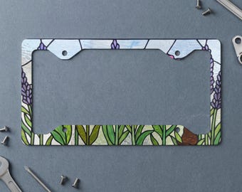 Stained Glass Garden Cat License Plate Frame | Floral Lavender Pink Purple Flowers Whimsical Car Accessory for Her, Cat Mom Gift
