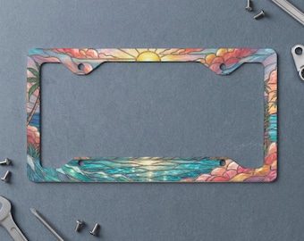 Stained Glass Beach Sunset Metal License Plate Frame, Tropical Ocean Waves Palm Tree Car Tag Holder, Artistic Auto Accessory Gift