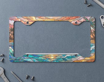 Vibrant Stained Glass Beach Sunset Metal License Plate Frame with Palm Trees and Ocean Waves, Unique Car Art Accessory