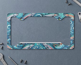 Fishing License Plate Frame, Trout Salmon Angler Car Tag Holder, Outdoor Nature Fisher Lover Gift, Wave Design Art Misc Product