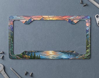 Stained Glass Mountain Sunset Lake Metal License Plate Frame | Artistic Nature Landscape Car Tag Cover | Outdoorsy Vehicle Accessory Gift