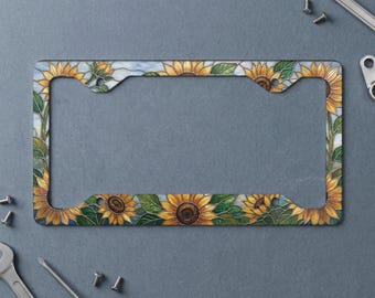 Stained Glass Sunflower License Plate Frame | Faux Stained Glass Effect Car Accessory | Cottagecore Floral Decor | Nature Lover Gift
