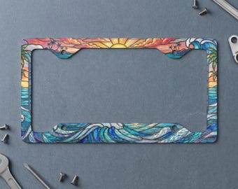 Stained Glass Sunset Ocean Waves Metal License Plate Frame | Tropical Beach Palm Tree Car Accessory | Vibrant Artistic Summer