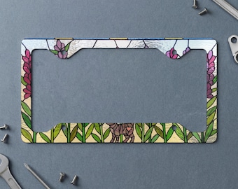 Stained Glass Lavender Cat Metal License Plate Frame - Cute Floral Car Accessory, Cottagecore Auto Decor Gift