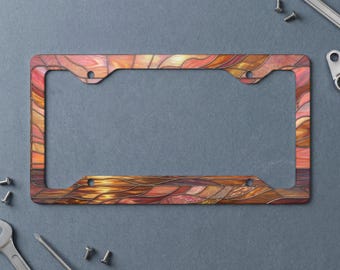 Bohemian Stained Glass Sunset Metal License Plate Frame | Artistic Ocean View Car Tag Holder | Unique Auto Accessory Gift for Her Him