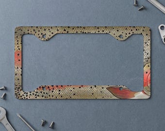 Rainbow Trout Scales Design Metal License Plate Frame | Fishing Lover Car Accessory | Unique Angler Gift Idea