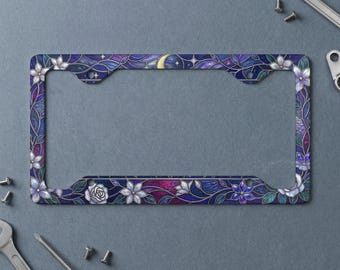 Celestial Stained Glass Metal License Plate Frame, Galaxy Starry Night Floral Car Accessory, Witchy Fantasy Rose Plate Cover Gift
