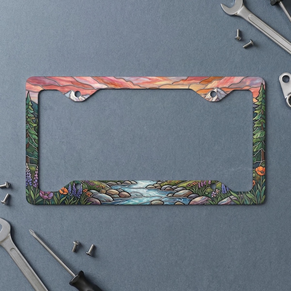 Stained Glass Mountain Sunset River License Plate Frame | Nature Lover Car Decor | Scenic Landscape Auto Tag Holder Gift