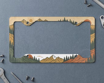 Nature Landscape Pine Tree Mountains Metal License Plate Frame | Retro Boho Adventure Car Accessory | Rustic Outdoor Lover Gift