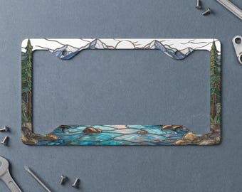 Stained Glass Mountain River Metal License Plate Frame | Nature Lover Car Accessory, Forest Landscape Auto Tag Holder Gift