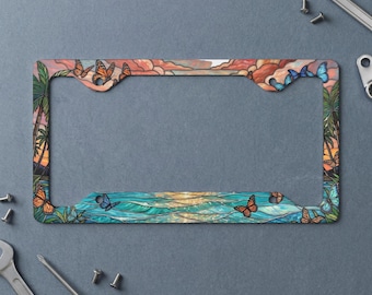 Stained Glass Sunset Butterfly License Plate Frame, Tropical Beach Car Tag Cover, Nature Lover Gift for Her, Vibrant Boho Auto Accessory