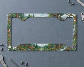 Enchanted Forest License Plate Frame, Whimsical Woodland Wildlife Nature Car Tag Holder, Mountain Waterfall Rustic Auto Decor Gift for