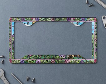 Cottagecore Stained Glass Cat License Plate Frame, Whimsical Floral Garden Faux Art Print, Unique Custom Car Accessory Gift for Her