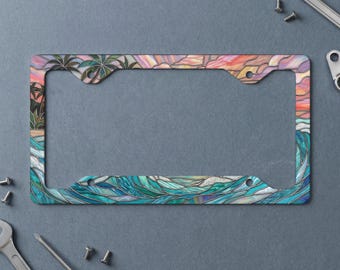 Stained Glass Sunset Tropical Metal License Plate Frame | Palm Tree Ocean Wave Car Accessory | Coastal Vibe Car Tag Cover Gift