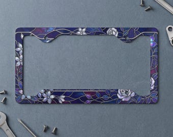 Moonlit Floral Stained Glass Metal License Plate Frame | Fantasy Witchy Car Accessory | Cosmic Night Sky Auto Decor Gift