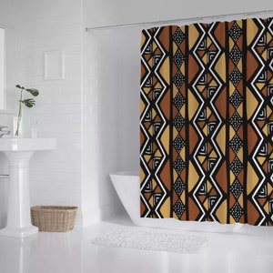 African Print Mud Cloth Bath Shower Curtain 67&quot; x 71&quot; | Boho Bathroom Decor & Unique Home Accessory