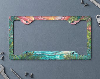 Stained Glass Tropical Sunset Metal License Plate Frame, Beach Ocean Wave Car Tag Holder, Palm Tree Auto Accessory, Vacation Car Decor Gift