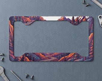 Winding Mountain Road Forest Landscape Metal License Plate Frame | Scenic Adventure Car Accessory | Nature Lover Gift for Him Her