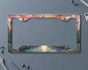 Stained Glass Mountain Sunset License Plate Frame | Faux Stained Glass Nature Art Car Tag | Scenic Landscape Auto Accessory