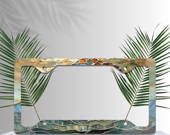 Stained Glass Ocean Wave License Plate Frame, Coastal Vehicle Decor, Summer Custom Car Plate  - product is NOT stain glass Material
