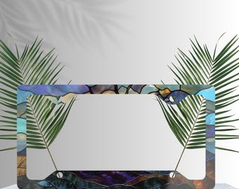 Stained Glass Mountain tree sunset Metal License Plate Frame - product is NOT stain glass Material