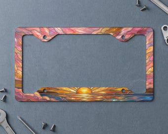 Stained Glass Sunset License Plate Frame | Artistic Ocean View Car Accessory | Vibrant Boho Nature Lover Auto Plate Holder Gift